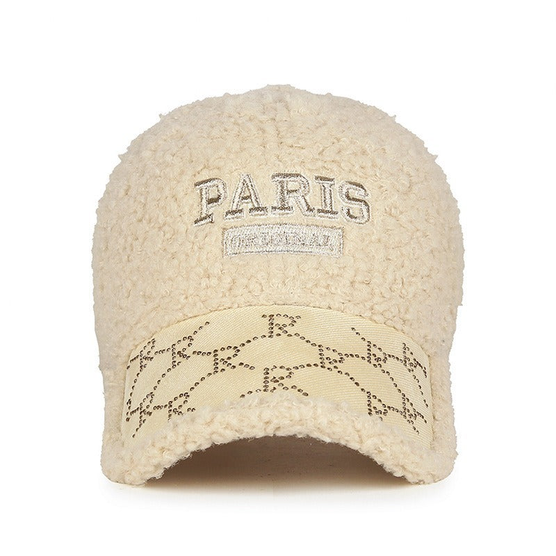 Beige Sherpa Fleece Baseball Cap, Adjustable Winter Hat