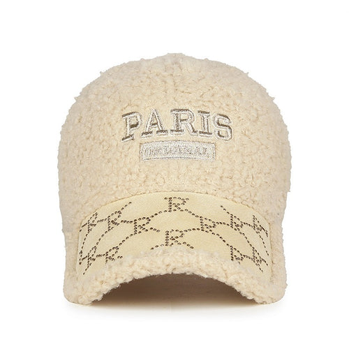 Beige Sherpa Fleece Baseball Cap, Adjustable Winter Hat