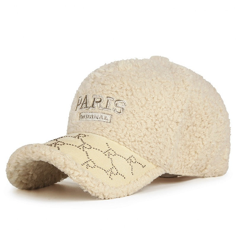 Beige Sherpa Fleece Baseball Cap, Adjustable Winter Hat